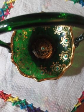 Murano Vintage 1970 Emerald Green Oval Basket With Jewels